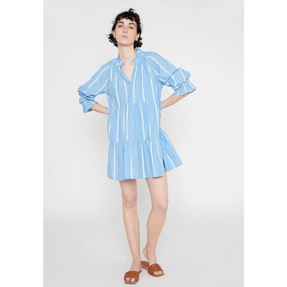 Wild Pony Tiered Babydoll Mini Dress Blue White Stripe Cotton‎ Size S Small